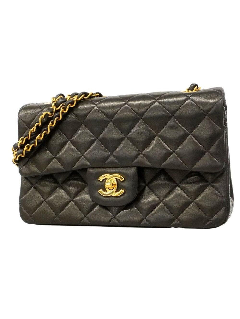 Chanel Shoulder Bag Quilted Lambskin Black Gold